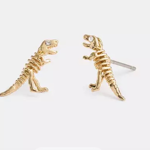 coach rexy skeletal Gold Dinosaur Stud Earrings - Picture 1 of 2